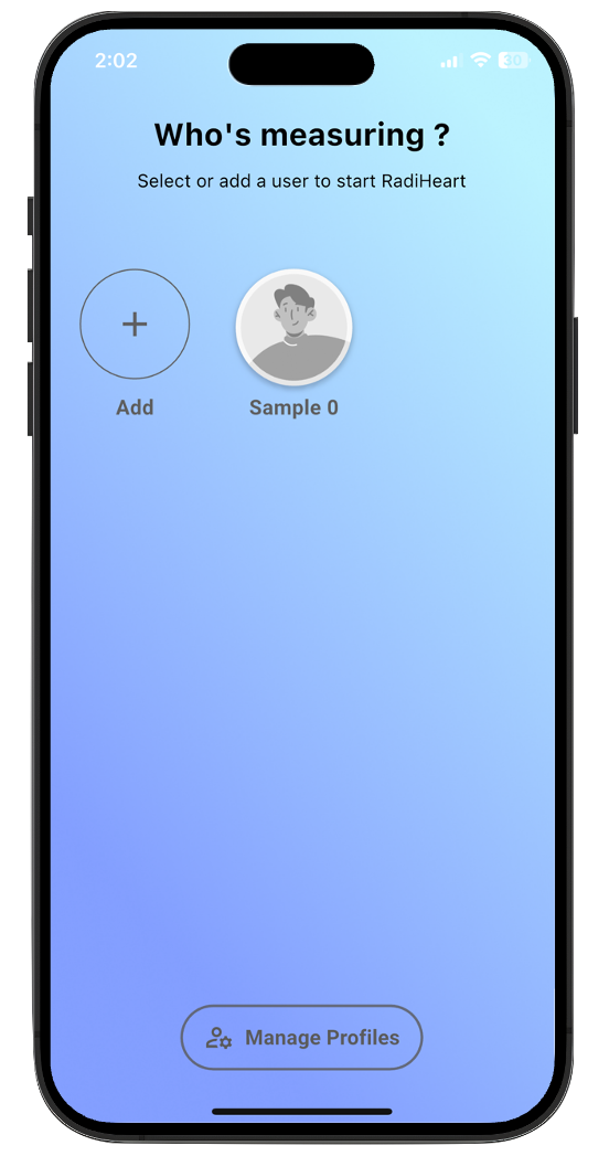 RadiHeart app profile selection and user management screen